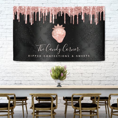 Rose Gold Strawberry Glitter Drip Confection Black Banner