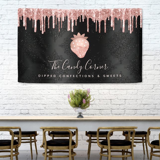 Rose Gold Strawberry Glitter Drip Confection Black Banner (Matching business cards, loyalty cards, stickers, notebooks and more also available!)