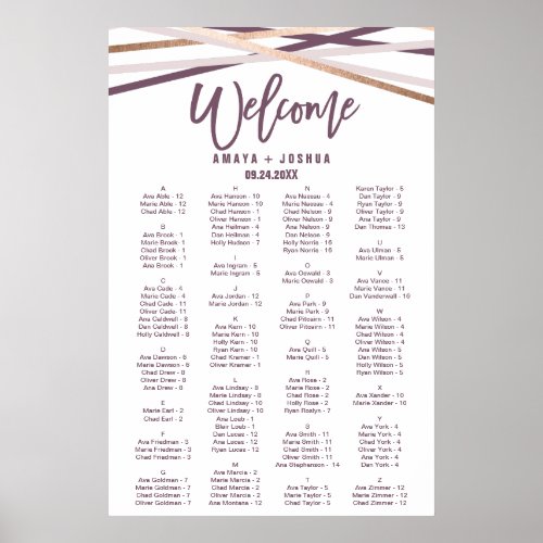 Rose Gold Streamers Alphabetical Seating Chart