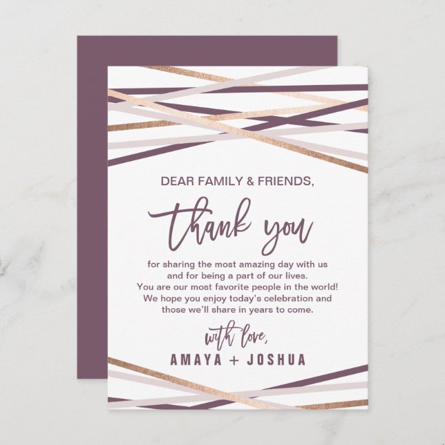 Rose Gold Streamers Thank You Reception Card (Front/Back)
