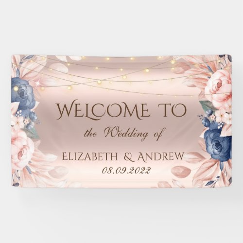 Rose Gold String Lights Blue Roses Wedding  Banner