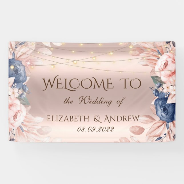 Rose Gold String Lights Blue Roses Wedding  Banner (Horizontal)