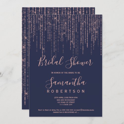 Rose gold string lights navy blue bridal shower invitation