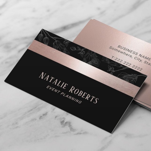 Rose Gold Stripe Dark Gray Floral Event Planning Business Card (Creator Uploaded)