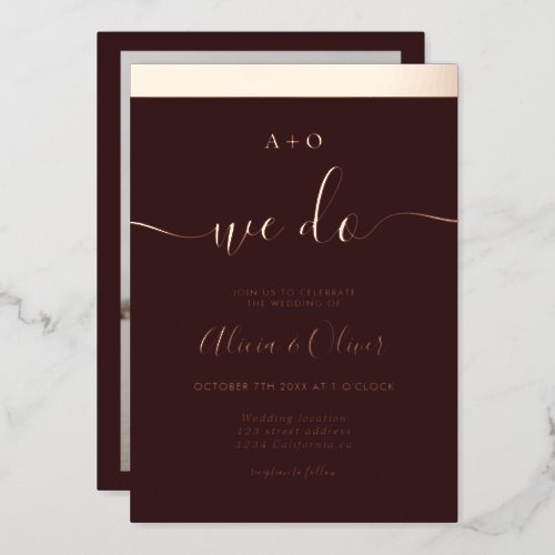 Rose gold stripe initials red photo wedding foil invitation