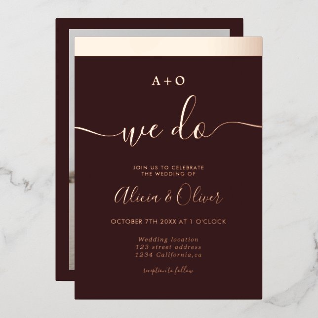 Rose gold stripe initials red photo wedding foil invitation (Front/Back)