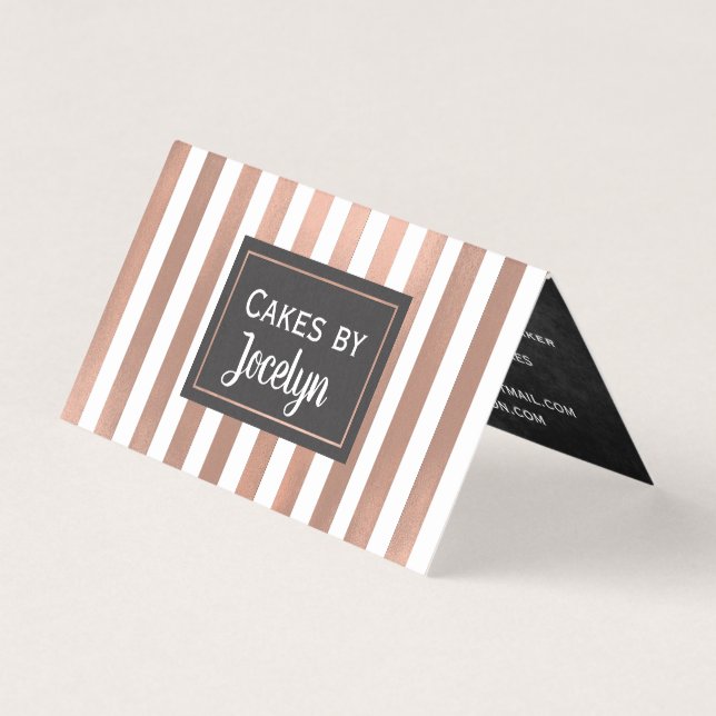 Rose Gold Striped Bakery Folded Business Card (Front)