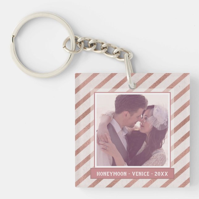 Rose Gold Striped Elegant Custom Photo and Text Keychain (Front)