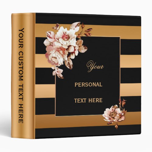 Rose Gold Striped Floral Personalized Binder