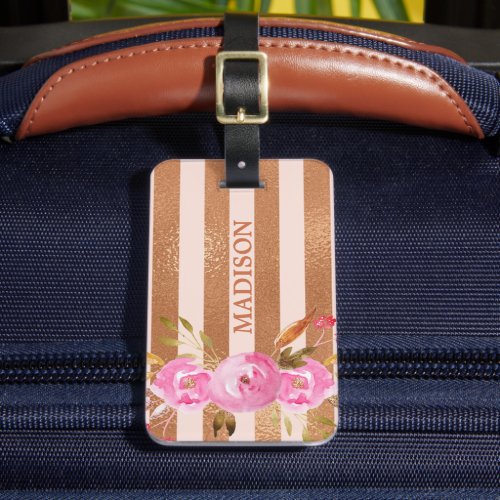 Custom Accessories 22 Rose Gold Striped Monogram Name Floral Luggage Tag
