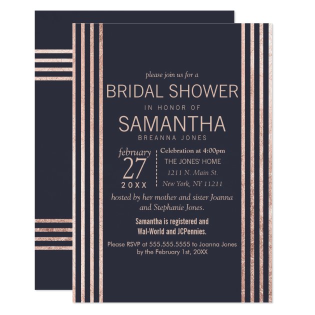 Rose Gold Stripes And Navy Blue Bridal Shower Invitation