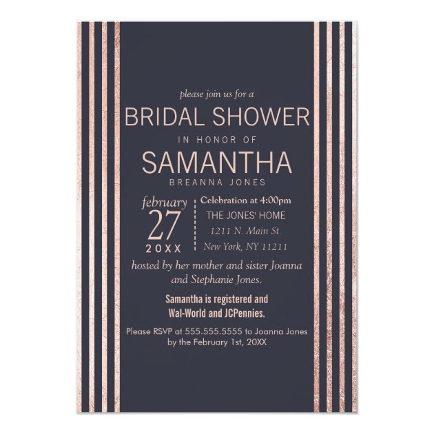 Rose Gold Stripes And Navy Blue Bridal Shower Invitation