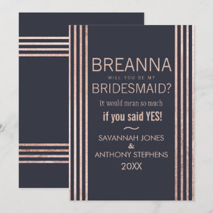 Rose Gold Stripes and Navy Blue Bridesmaids Invitation