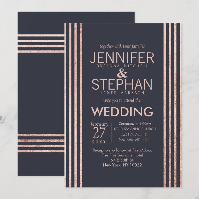 Rose Gold Stripes and Navy Blue Wedding Invitation (Front/Back)