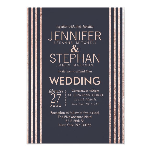 Rose Gold Stripes And Navy Blue Wedding Invitation