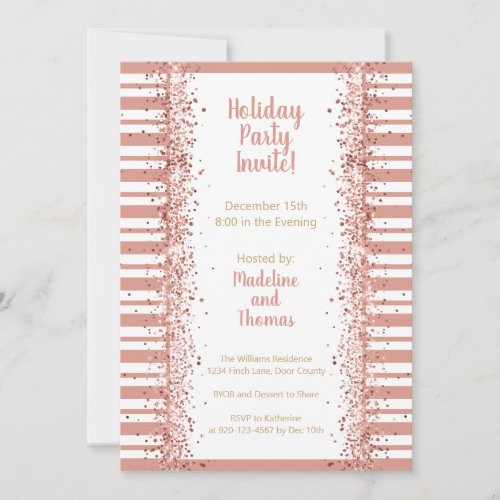 Rose Gold Stripes Glitter Holiday Party Invitation