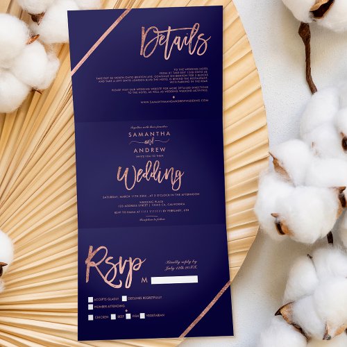 Rose gold stripes navy blue typography wedding Tri_Fold invitation