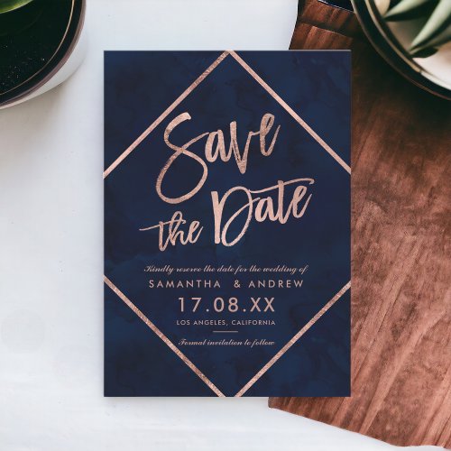 Rose gold stripes navy blue wedding save the date