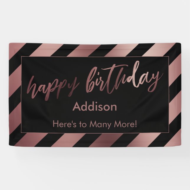 Rose Gold Stripes on Black Happy Birthday Banner (Horizontal)