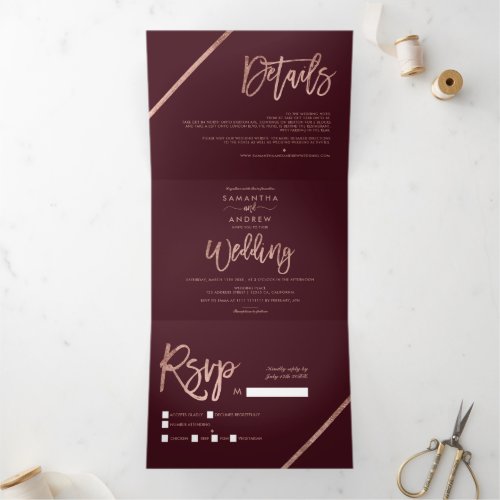 Rose gold stripes red burgundy typography wedding Tri_Fold invitation