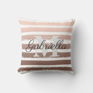 Rose Gold Stripes with Monogram Throw Pillow