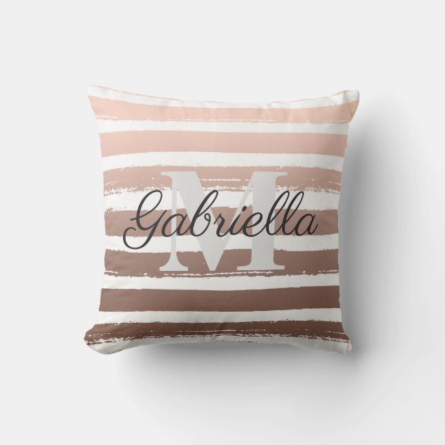 Rose Gold Stripes with Monogram Throw Pillow (Front)