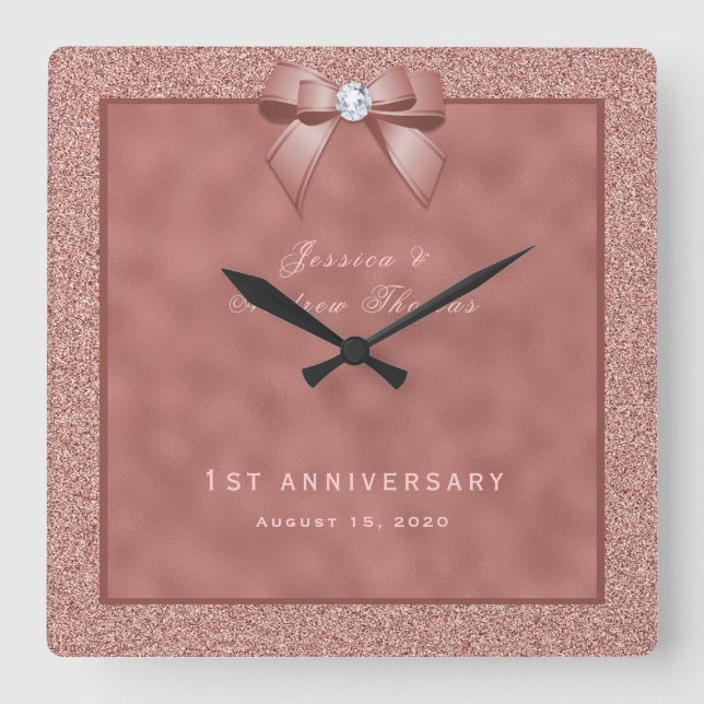  Rose Gold & Stylish Glitter  1st Wedding  Square Wall Clock (Front)