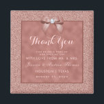 Rose Gold & Stylish Glitter Wedding Magnet<br><div class="desc">Elegant, sparkly, romantic Wedding Favor magnet with a classy romantic rose gold bow with a rhinestone jewel diamond on a beautiful rose gold colored frame encasing your event details, and a pretty background of shiny rose gold glitter. This example is for a wedding reception, but is suitable for any event....</div>