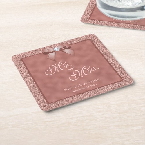 Rose Gold  Stylish Glitter Wedding Square Paper Coaster