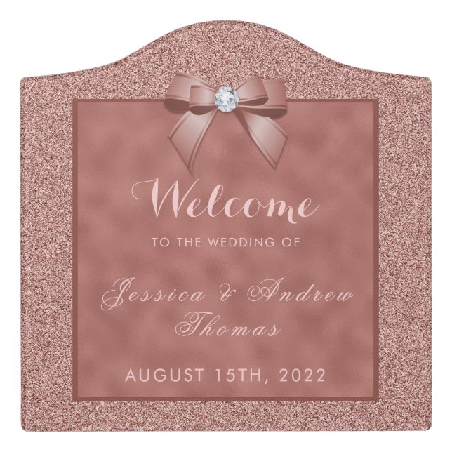  Rose Gold & Stylish Glitter Wedding Welcome Door Sign (Large Crest Front)