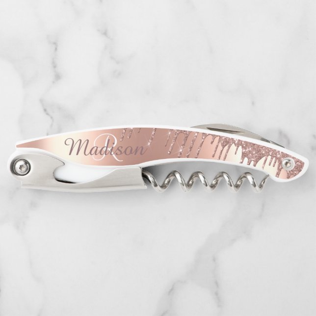Rose Gold Stylish Monogram Metal Glitter Drips Waiter's Corkscrew (Front)