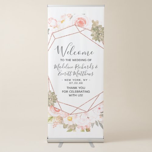 Rose Gold Succulents Floral Wedding Welcome Retractable Banner