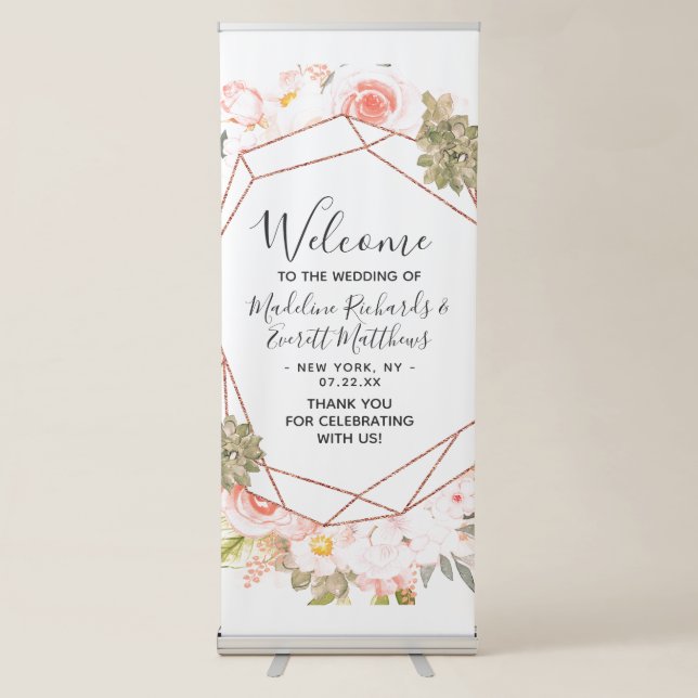 Rose Gold Succulents Floral Wedding Welcome Retractable Banner (Front)