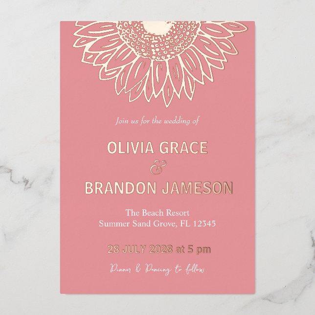 Rose Gold Sunflower Modern Floral Wedding  Foil Invitation (Front)