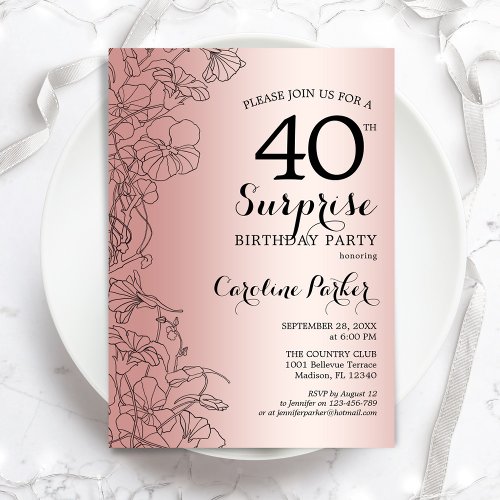 Rose Gold Surprise 40th Birthday Party Invitation