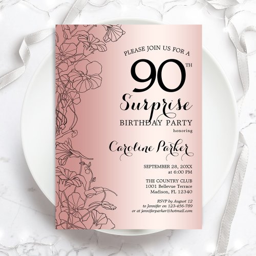 Rose Gold Surprise 90th Birthday Party Invitation