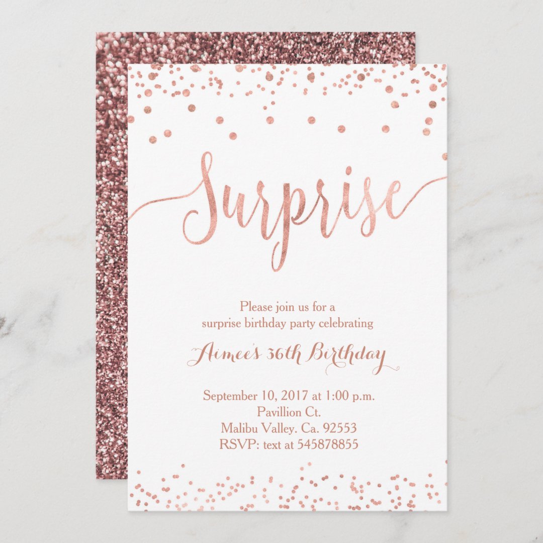 Rose Gold Surprise Birthday Invitation | Zazzle