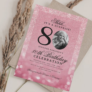 Rose Gold SURPRISE Photo Glam 80th Birthday Invitation