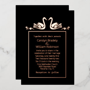 Rose Gold Swans Black Wedding Foil Invitation