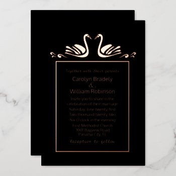 Rose Gold Swans Black Wedding Foil Invitation by Myweddingday at Zazzle