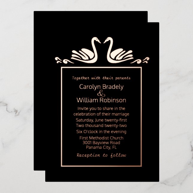 Rose Gold Swans Black Wedding Foil Invitation (Front/Back)