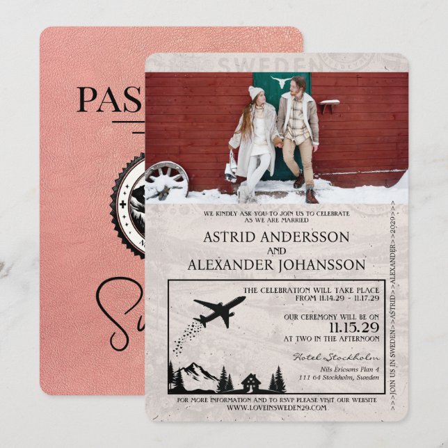 Rose Gold Sweden Passport Wedding Invitation (Front/Back)