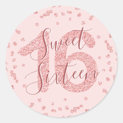 Rose Gold Sweet 16 Birthday Glitter Confetti Classic Round Sticker