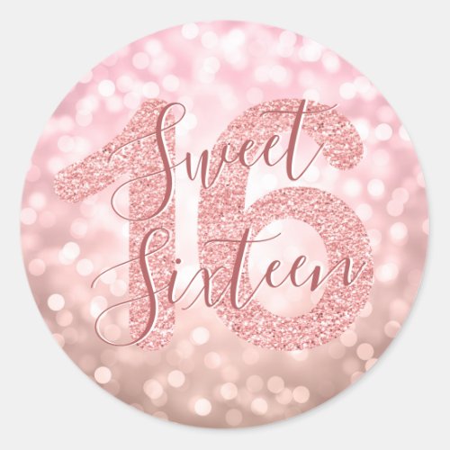 Rose Gold Sweet 16 Birthday Glitter Lights Classic Round Sticker