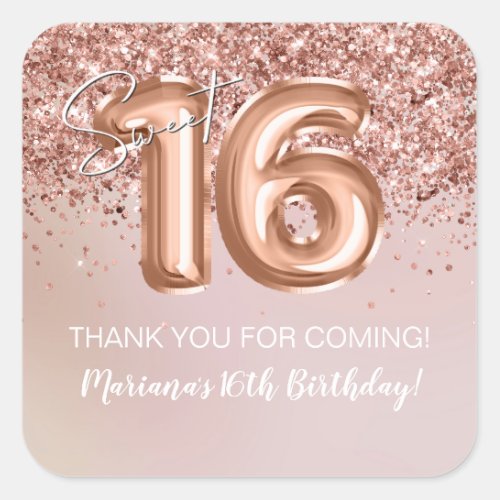 Rose Gold Sweet 16 Birthday Party Favor Square Sticker