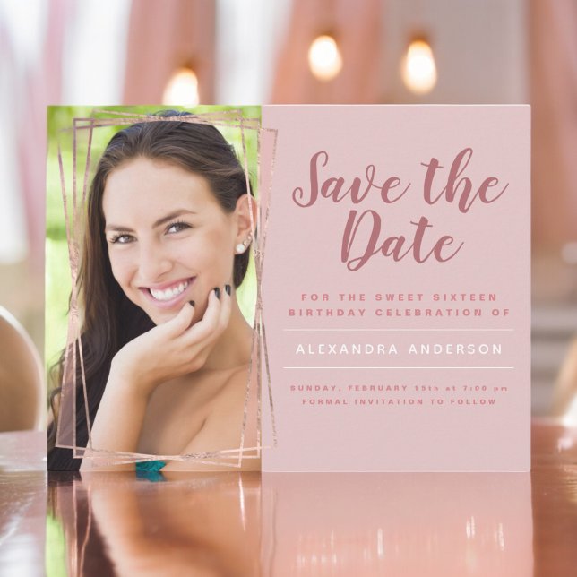 Rose Gold Sweet 16 Birthday Save the Date Postcard (Creator Uploaded)