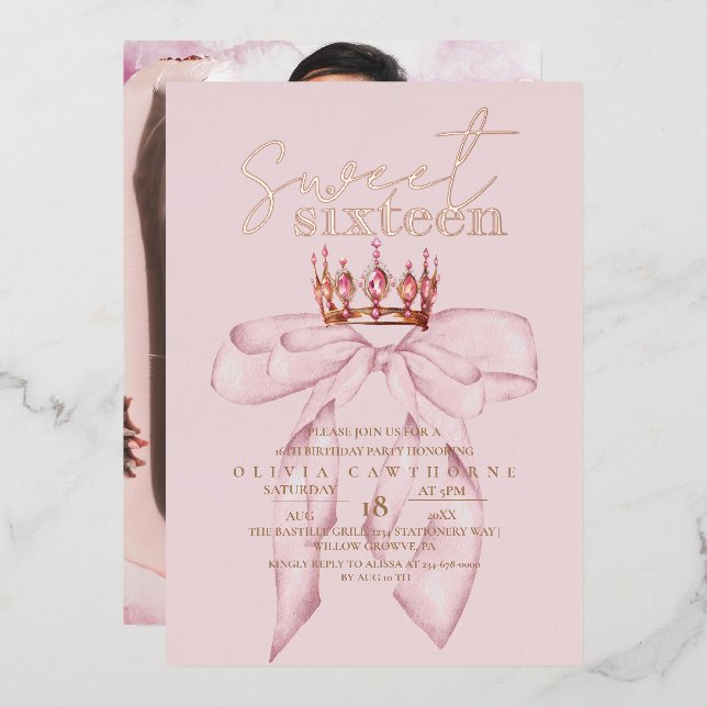 Rose Gold Sweet 16 Bow Birthday Foil Invitation (Front/Back)