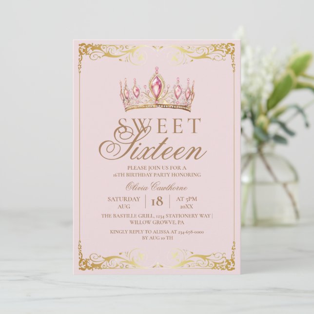  Rose Gold Sweet 16 Crown Birthday  Invitation (Standing Front)