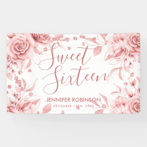 Rose Gold Sweet 16 Glitter Confetti Floral Banner