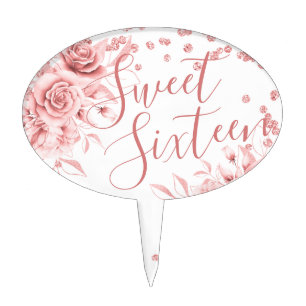 Rose Gold Sweet 16 Glitter Confetti Floral Cake Topper